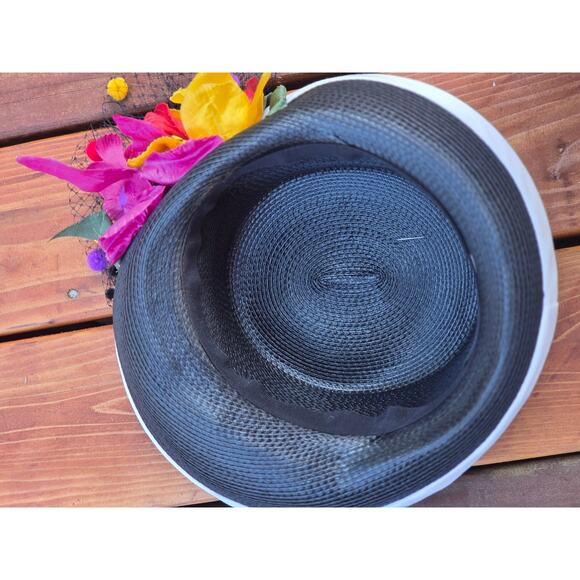 Shon Whittall Black White Straw Hat Floral Netting One Size Derby - Picture 5 of 6